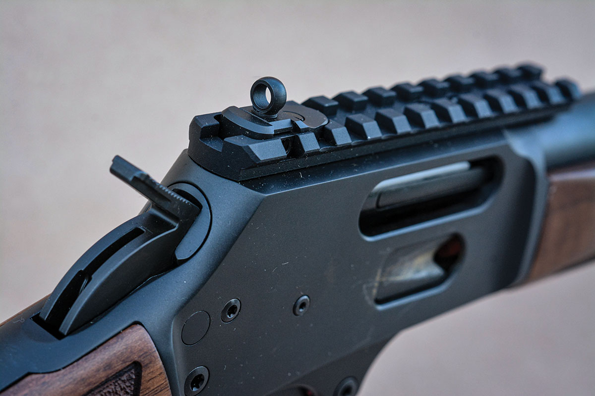 The ghost-style aperture rear sight is manufactured by X-S Sights and mounted in a rail to accommodate additional accessories.